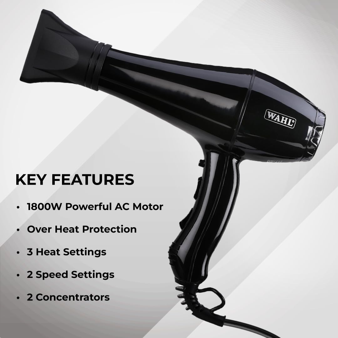 Wahl 05439-1024 Super Dry 1800 Watts Professional Styling Hair Dryer with Tourmaline Technology, Black, 3 Heat Settings 2 Speed Settings