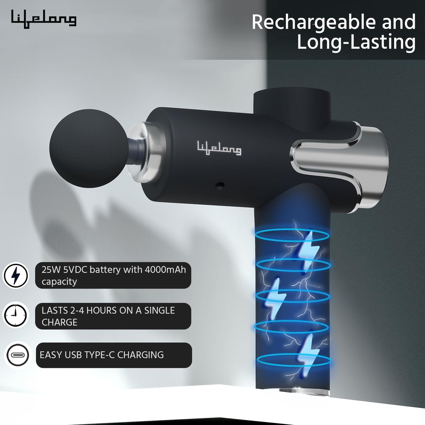 Lifelong LLGM189 Gun Massager with 5 Massage Heads, 3 Modes