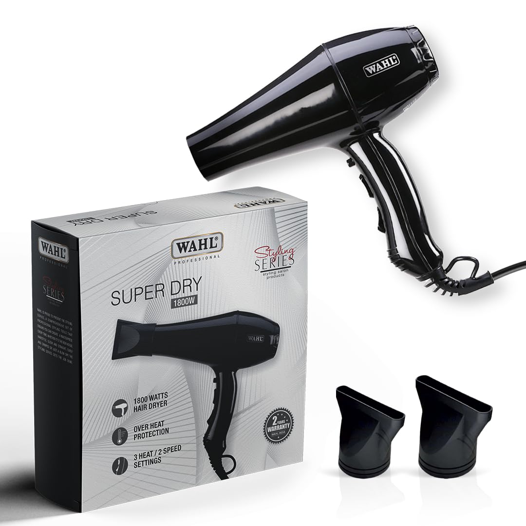 Wahl 05439-1024 Super Dry 1800 Watts Professional Styling Hair Dryer with Tourmaline Technology, Black, 3 Heat Settings 2 Speed Settings
