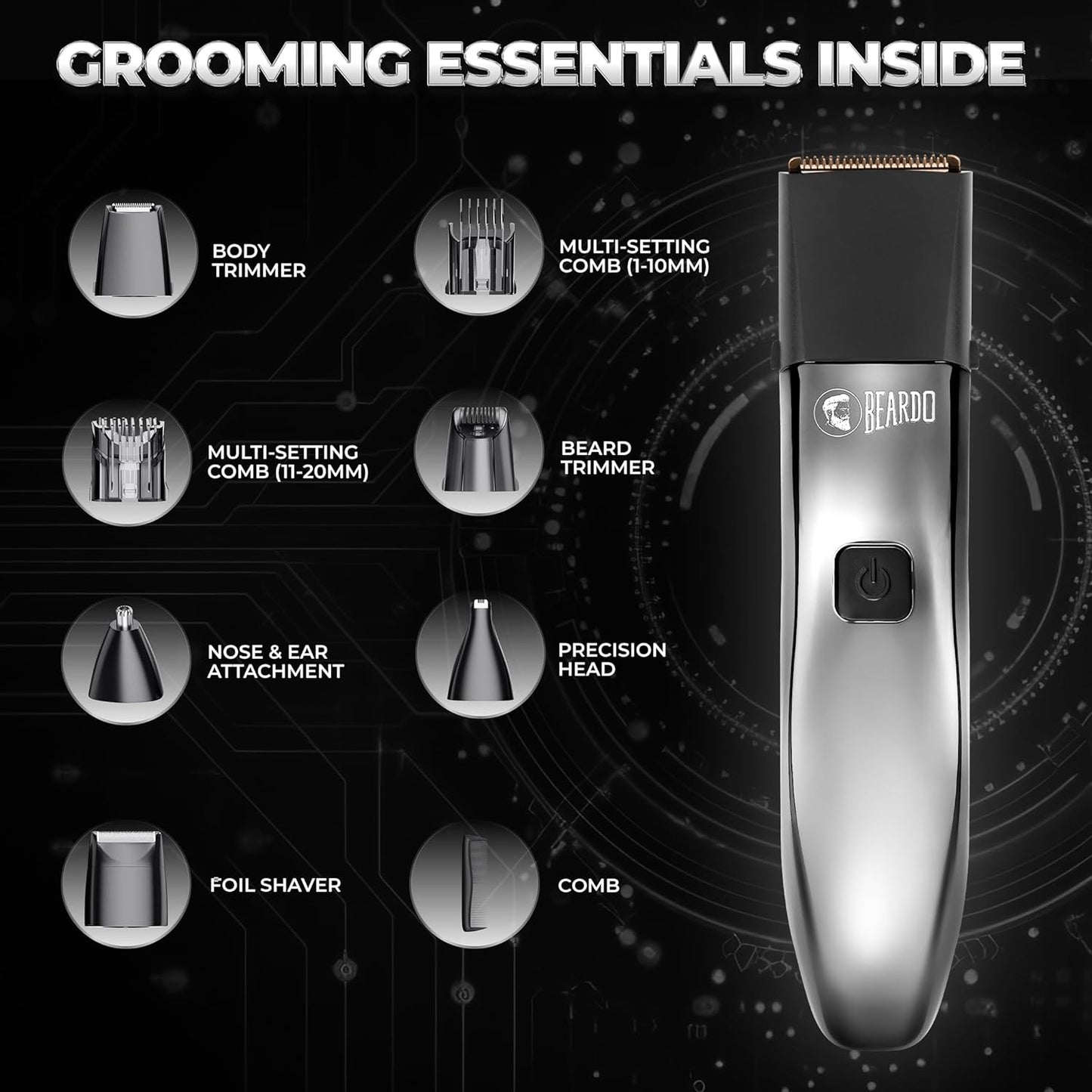 Beardo Chrome Beast Multipurpose Full Body Groomer Trimmer Set For Men | 40 Length Settings | 8 attachments |90 min. run time | All-in-1 trimmer