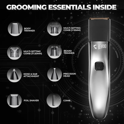 Beardo Chrome Beast Multipurpose Full Body Groomer Trimmer Set For Men | 40 Length Settings | 8 attachments |90 min. run time | All-in-1 trimmer