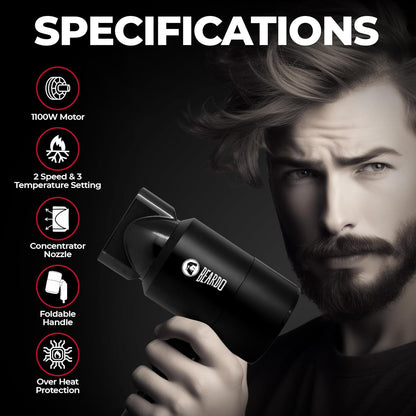 BEARDO Styling Gun Ultra Compact Hair Dryer | 1100 Watts Foldable Hair Dryer | 3 Heat 2 Speed Setting | Travel Friendly