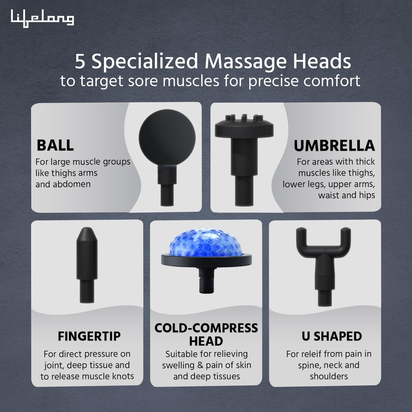 Lifelong LLGM189 Gun Massager with 5 Massage Heads, 3 Modes