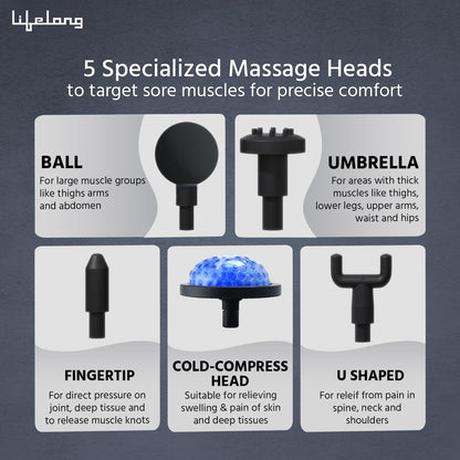Lifelong LLGM189 Gun Massager with 5 Massage Heads, 3 Modes