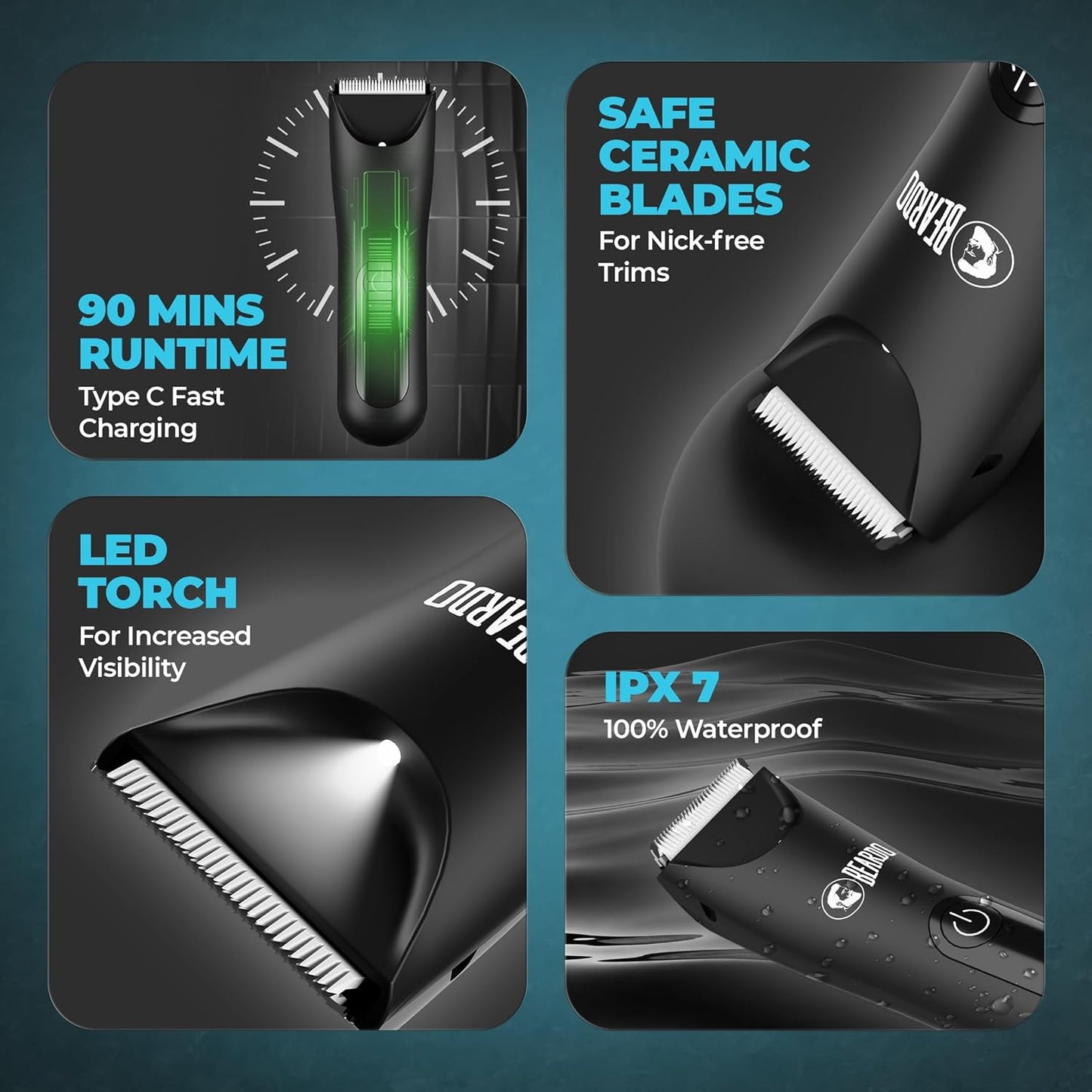 Beardo Ball Safe Pro Trimmer | Intimate Trimmer for Men | IPX7 Waterproof | Safe Ceramic Blades | 90 Min Runtime