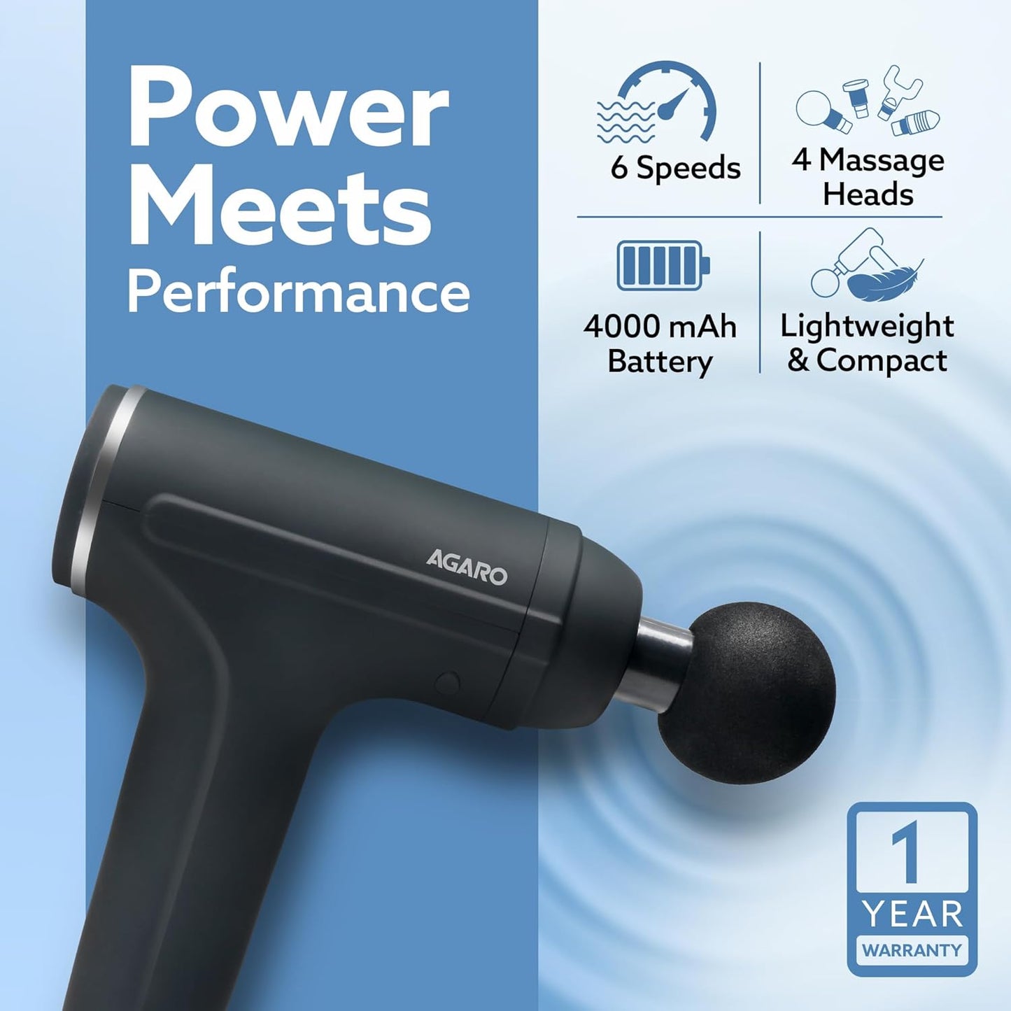 AGARO Galaxy Gun Massager 4000mah, 4 Heads, 6 Speed, Rechargeable, Handheld