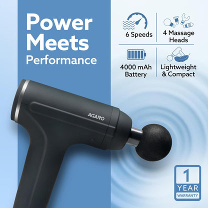 AGARO Galaxy Gun Massager 4000mah, 4 Heads, 6 Speed, Rechargeable, Handheld
