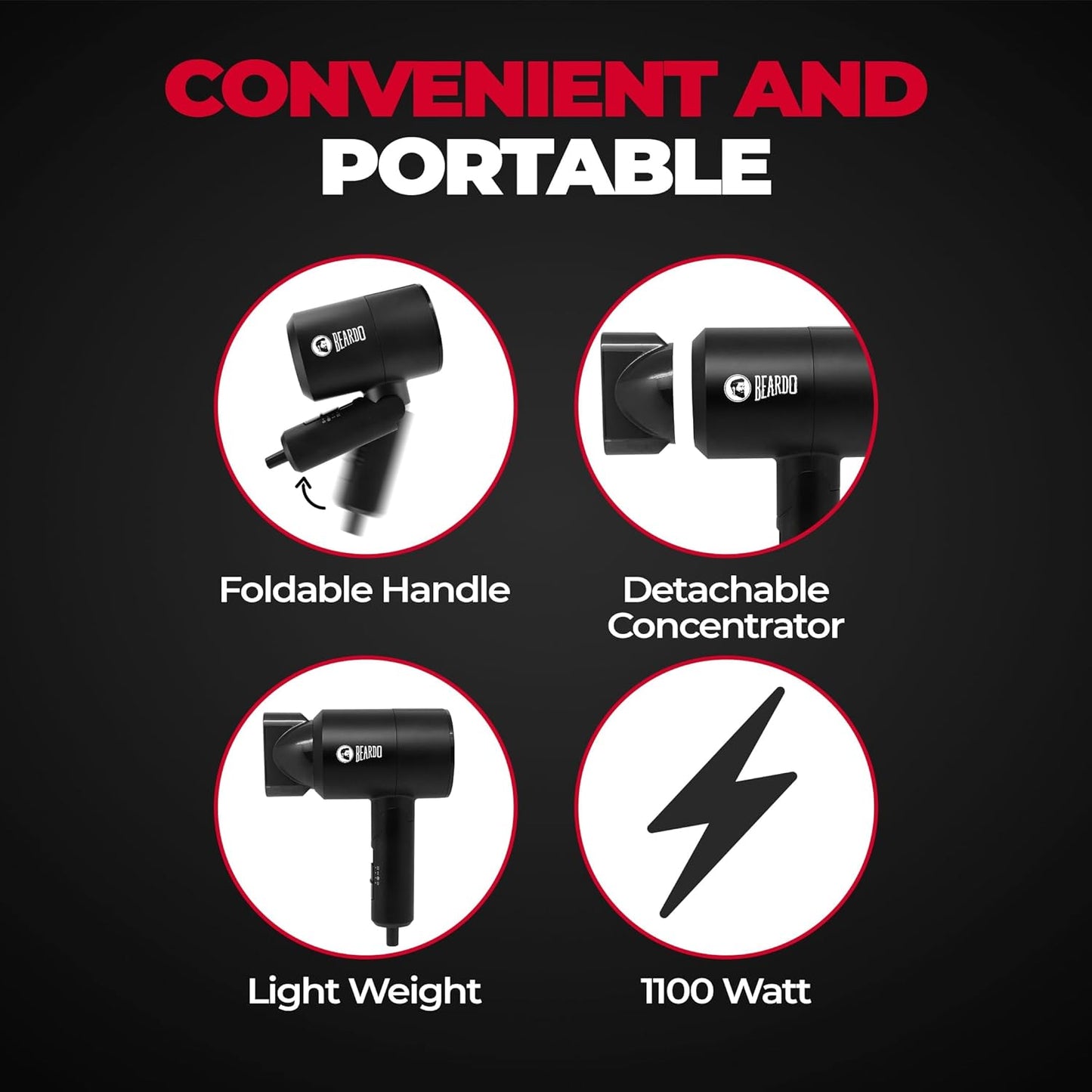 BEARDO Styling Gun Ultra Compact Hair Dryer | 1100 Watts Foldable Hair Dryer | 3 Heat 2 Speed Setting | Travel Friendly