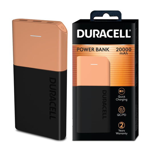 Duracell 20000 MAH Slimmest Power Bank with 1 Type C PD and 2 USB A Port, 22.5W Fast Charging