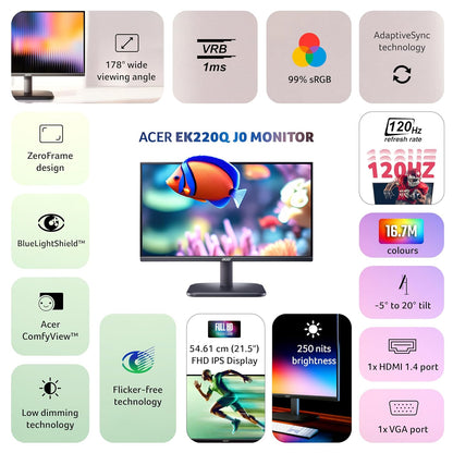 acer EK220Q J0 21.5 Inch Full HD VA Panel Monitor | 120Hz Refresh | Black