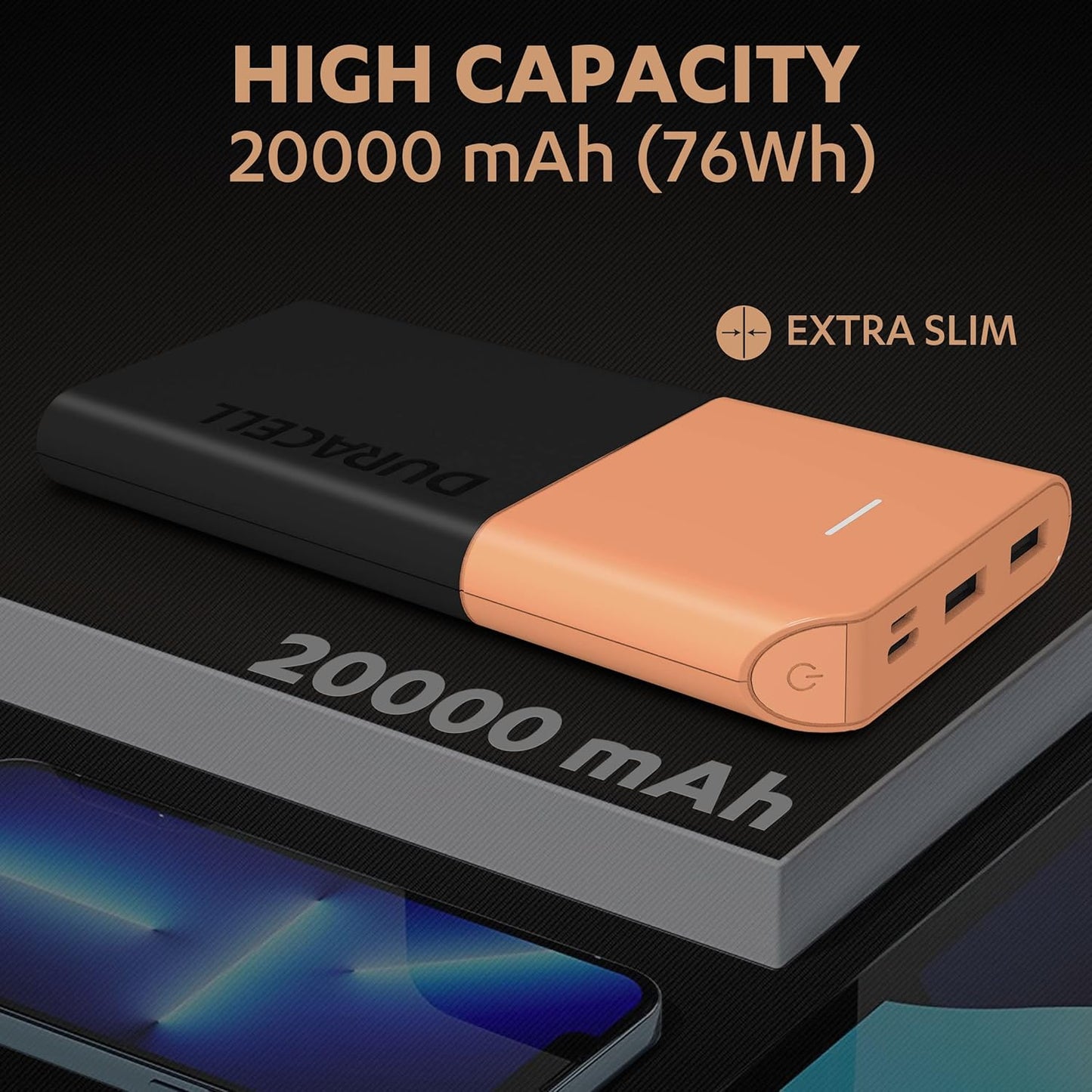 Duracell 20000 MAH Slimmest Power Bank with 1 Type C PD and 2 USB A Port, 22.5W Fast Charging